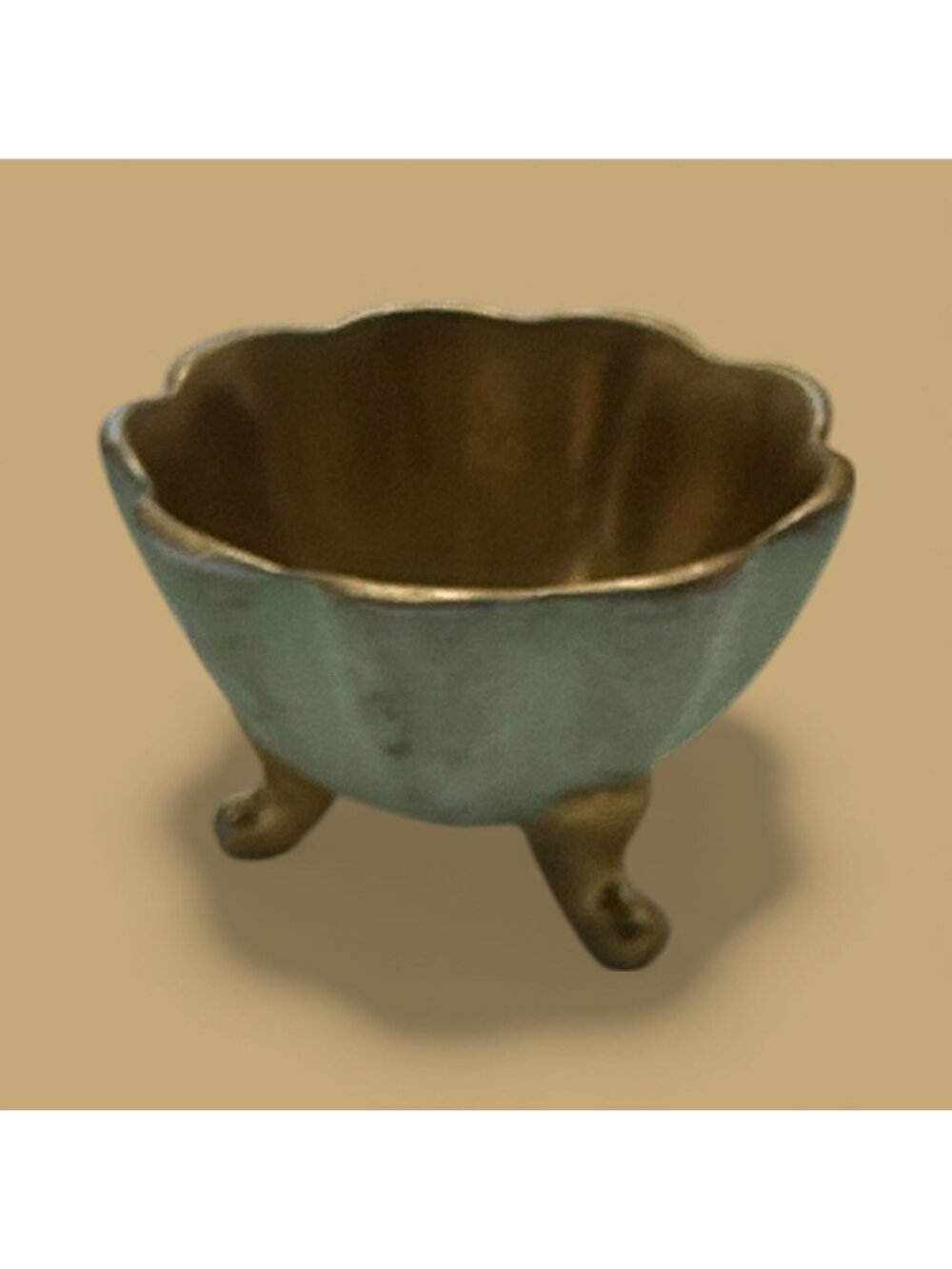 Vintage Patina Scalloped Bowl with Tripod Legs - Decorative Accent Piece
